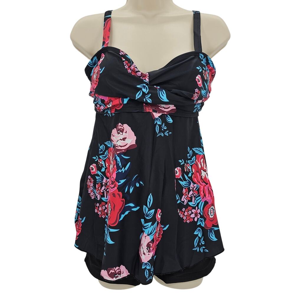 Zando Womans size M 2 Piece Crossover Tankini Boyshorts Swimsuit Black NWOT